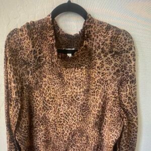 ML Monique Lhuillier Leopard Print Dress Smocked Long Sleeve Mini Sz 10